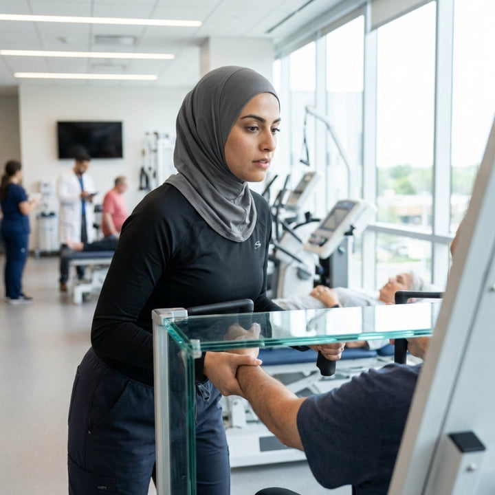 Woman in a hijab assisting a person using exercise equipment in a gym.