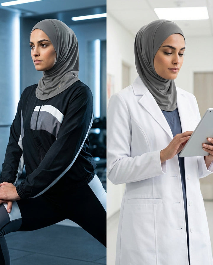Woman in a hijab wearing a black outfit with a white stripe, then in a white lab coat holding a tablet.