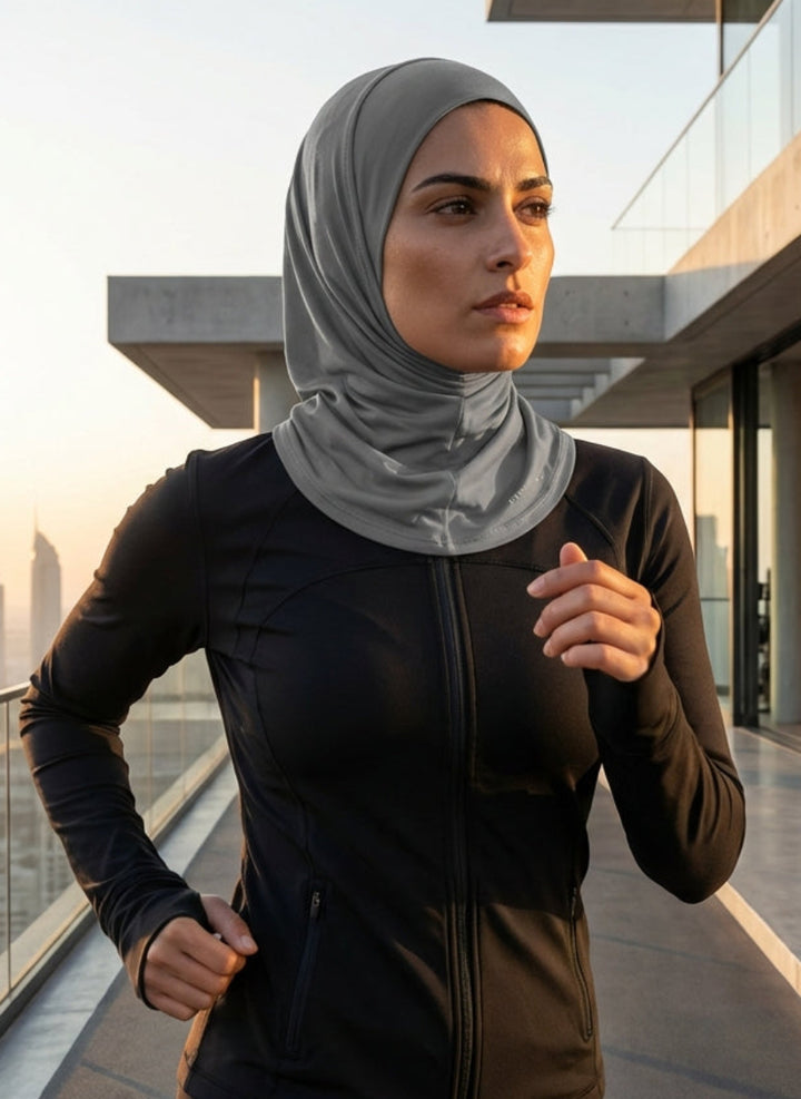 Woman running on a rooftop with a cityscape in the background