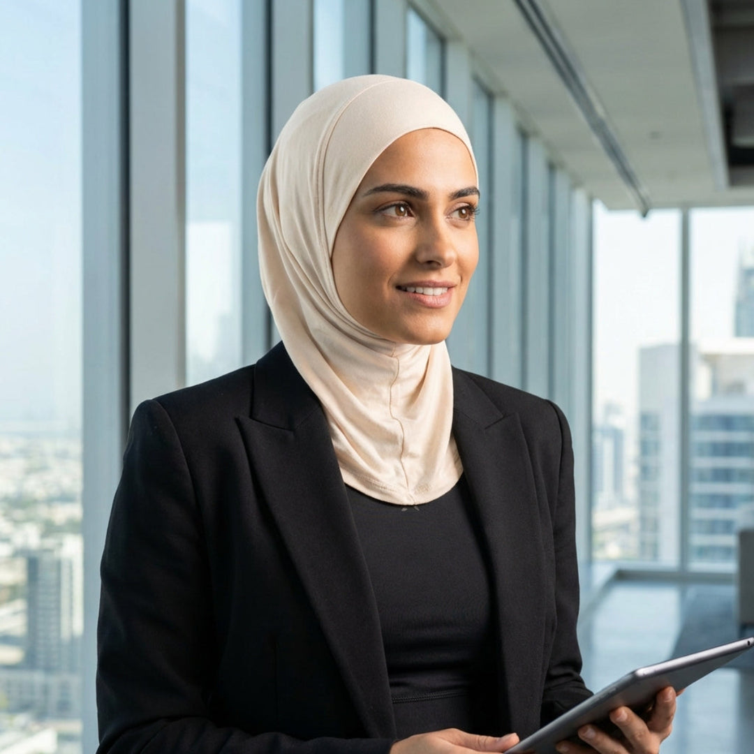 Woman in hijab holding a tablet in an office setting with cityscape view