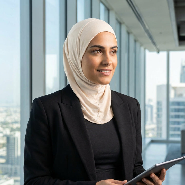 Woman in hijab holding a tablet in an office setting with cityscape view