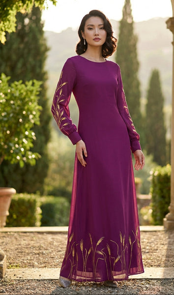 Zeeba Magenta and Gold Embroidered Formal Modest Long Maxi Dress | Modest Muslim Dresses