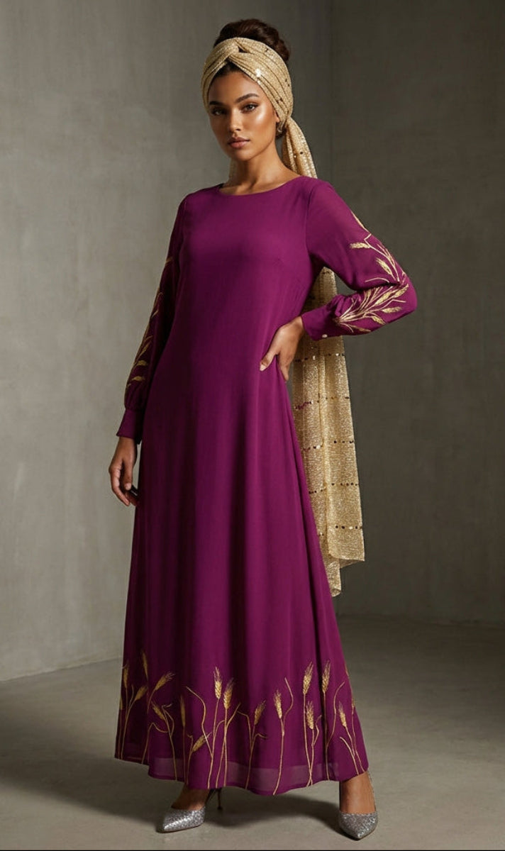 Zeeba Magenta and Gold Embroidered Formal Modest Long Maxi Dress | Modest Muslim Dresses