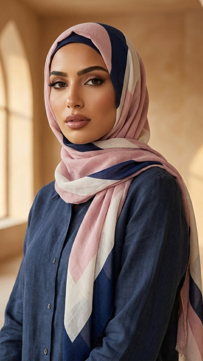 Woman wearing a colorful hijab in a sunlit architectural setting