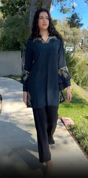 Arzoo Gold  Embellished Long Modest Tunic - Dark Teal