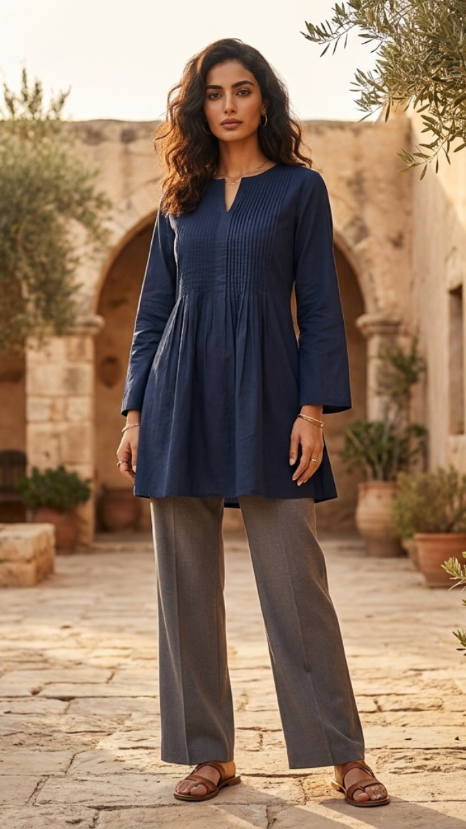 Woman in a blue dress standing in an outdoor setting with stone arches and potted plants.