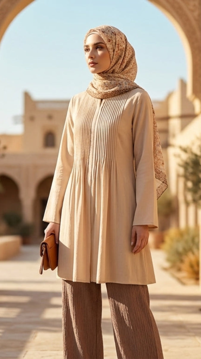 Woman in beige hijab and dress standing in a sunlit courtyard with arches and plants.