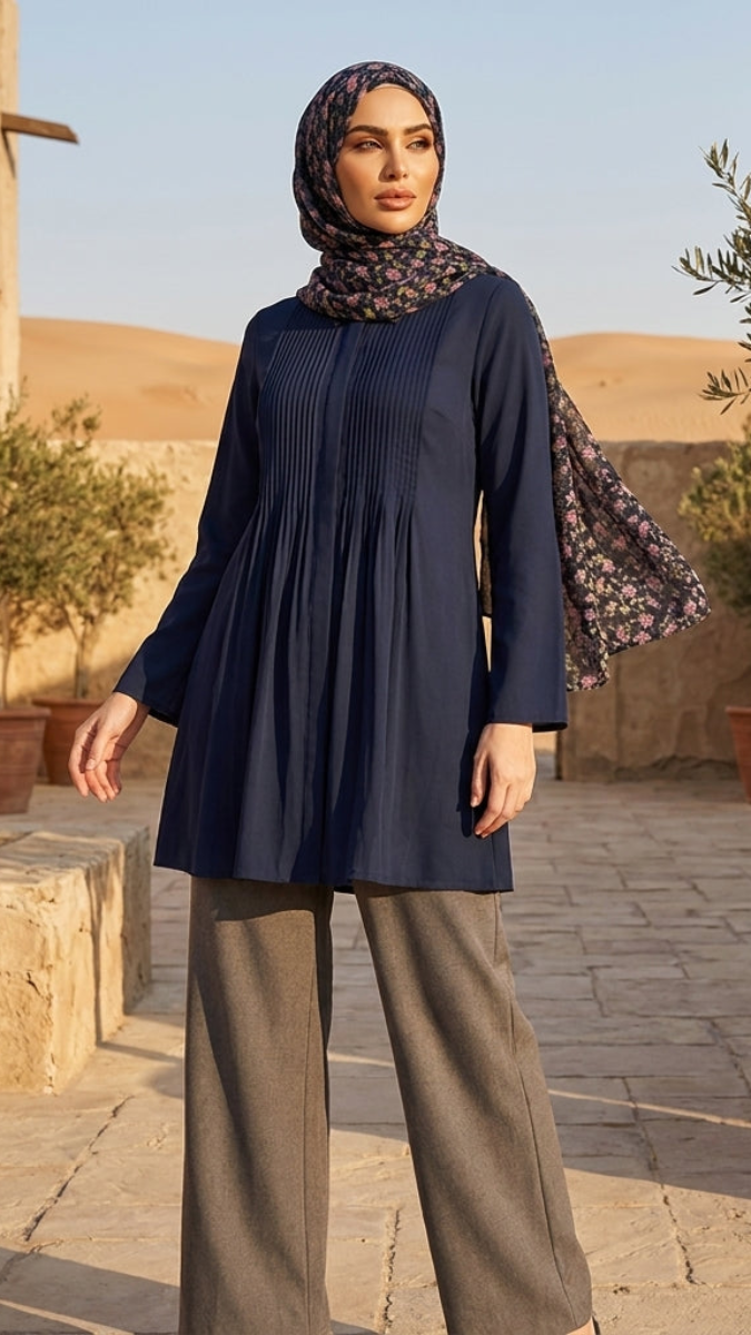 Woman in a navy blue dress and patterned hijab standing in a sunlit courtyard with architectural elements and plants.