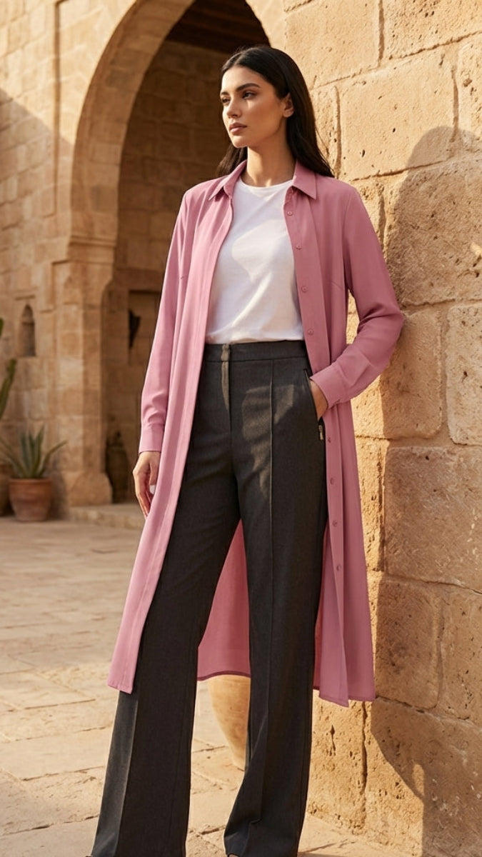 Woman in a pink coat standing in front of a stone building with arches.