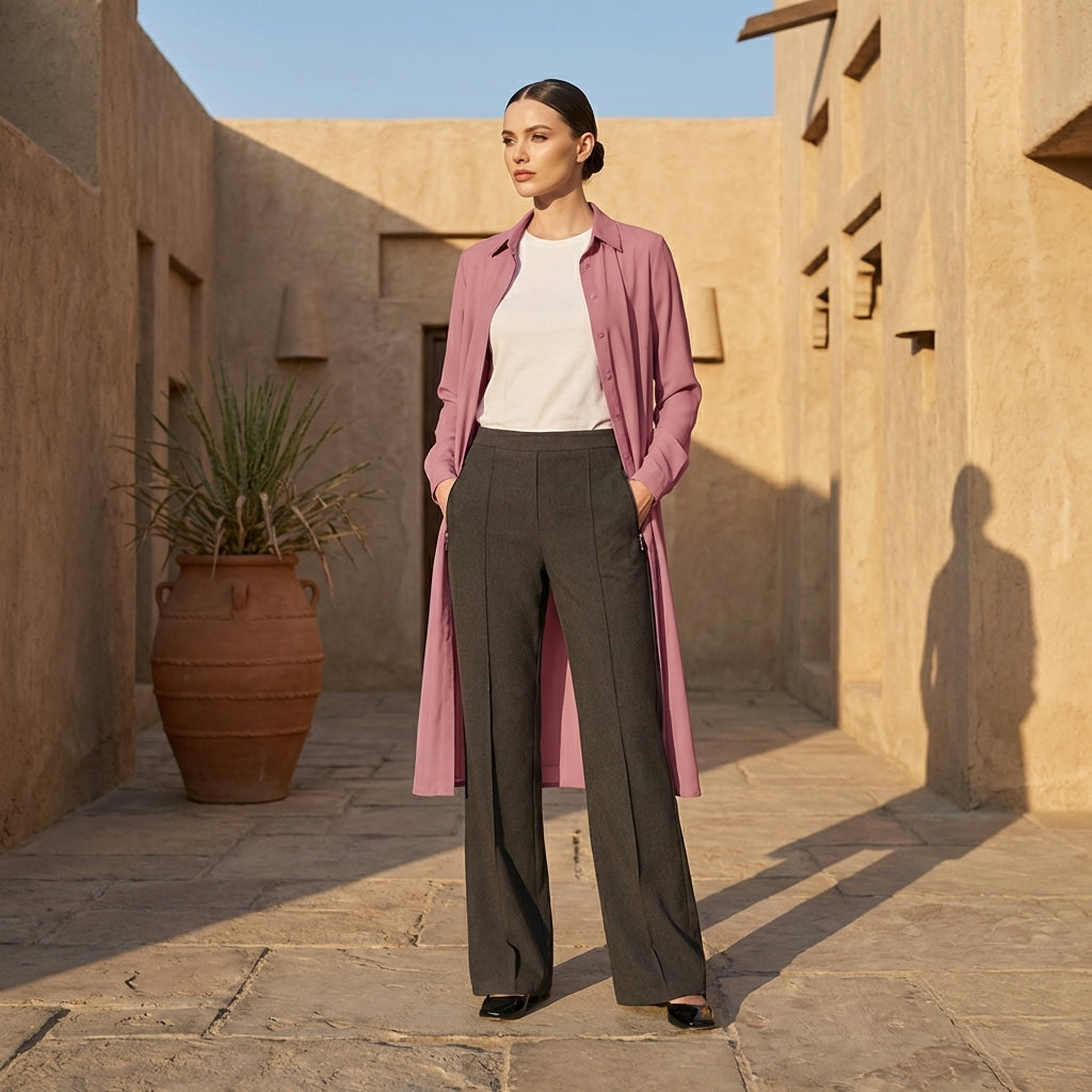 Woman in a pink coat and black pants standing in a sunlit courtyard with a plant and stone wall.
