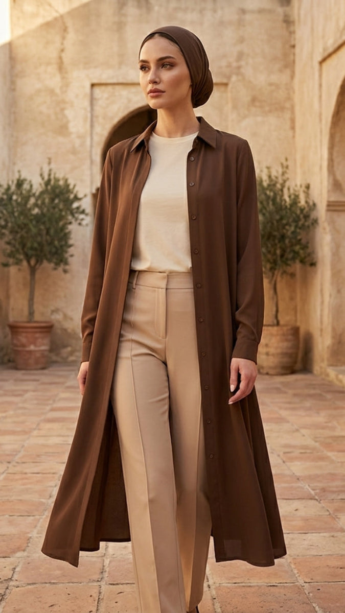 Asra Chocolate Brown Long Flowy Buttondown Shirt Jacket | Modest