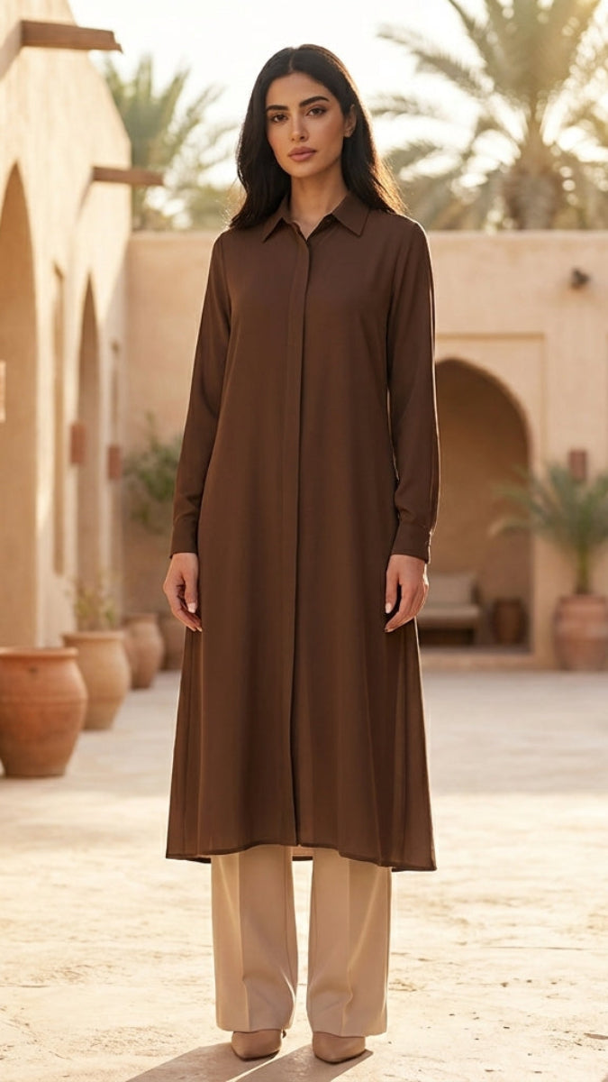Asra Chocolate Brown Long Flowy Buttondown Shirt Jacket | Modest