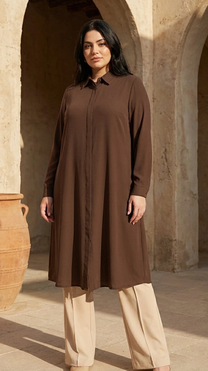 Asra Chocolate Brown Long Flowy Buttondown Shirt Jacket | Modest Islamic  Clothing