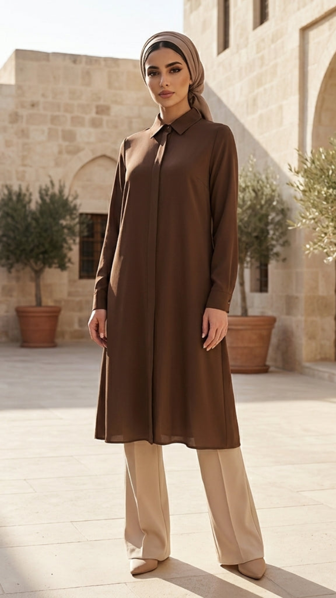 Woman in a brown outfit standing in a sunlit courtyard with stone architecture and potted plants.