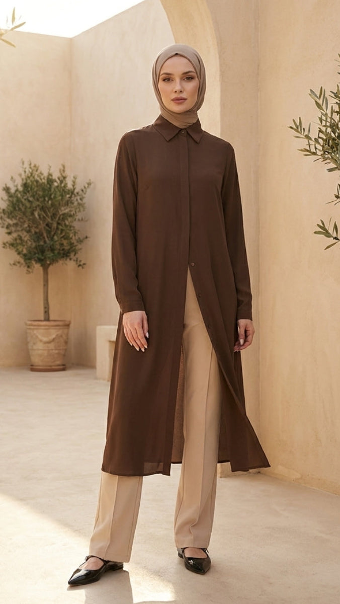 Asra Chocolate Brown Long Flowy Buttondown Shirt Jacket | Modest