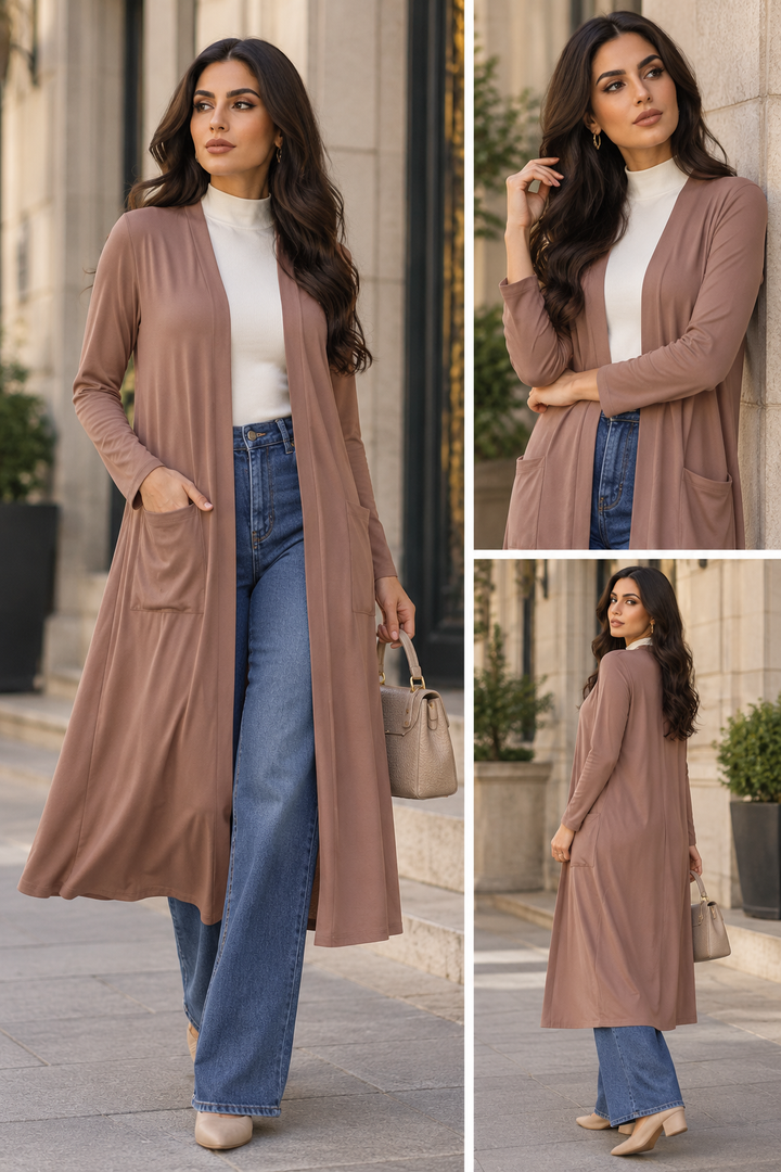 Avila Essential Longline Open-Front Duster Cardigan - Mocha