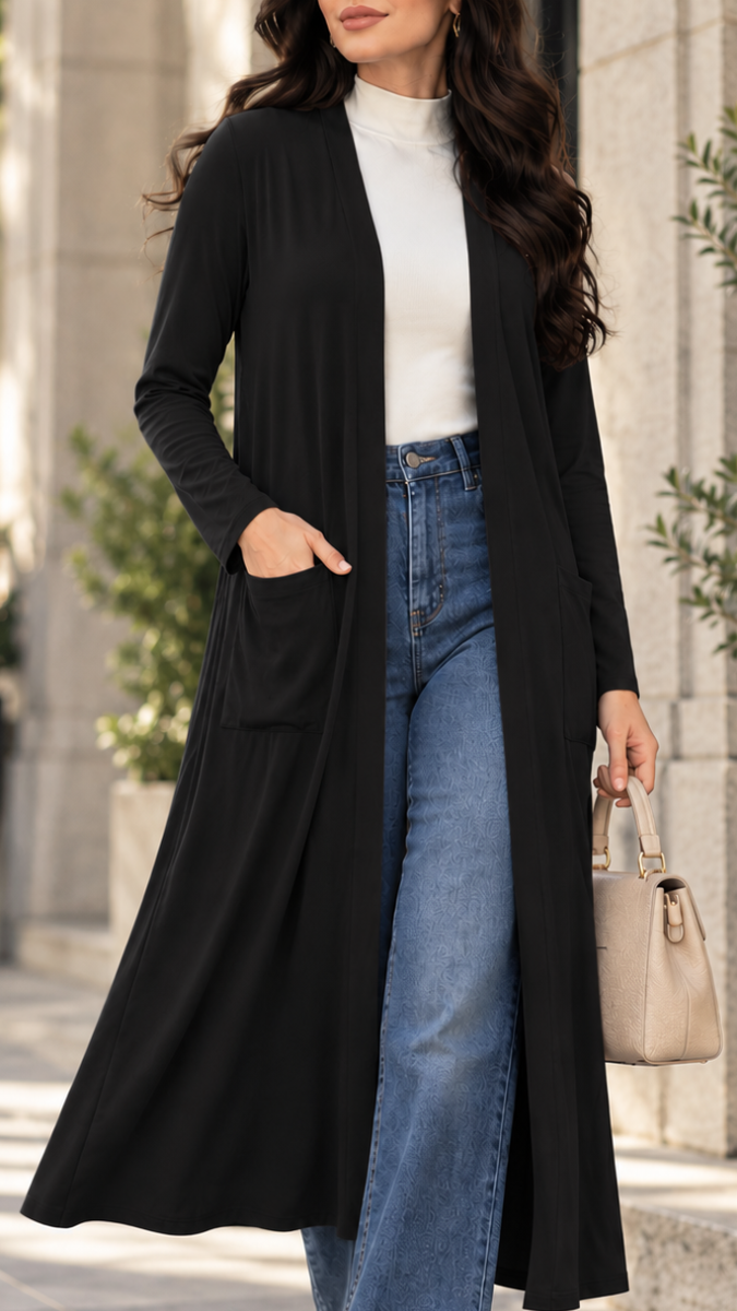 Avila Essential Longline Open-Front Duster Cardigan - Black