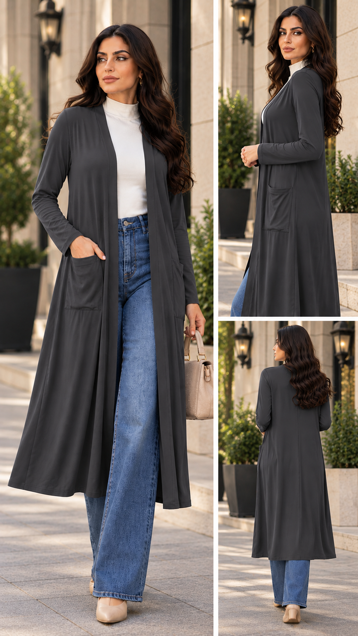 A woman modeling a long dark gray open-front cardigan with large patch pockets, shown in a three-panel collage. The collage includes a full front view, a side view, and a back view.