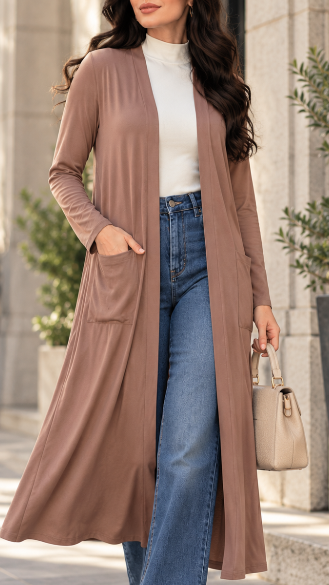 Avila Essential Longline Open-Front Duster Cardigan - Mocha