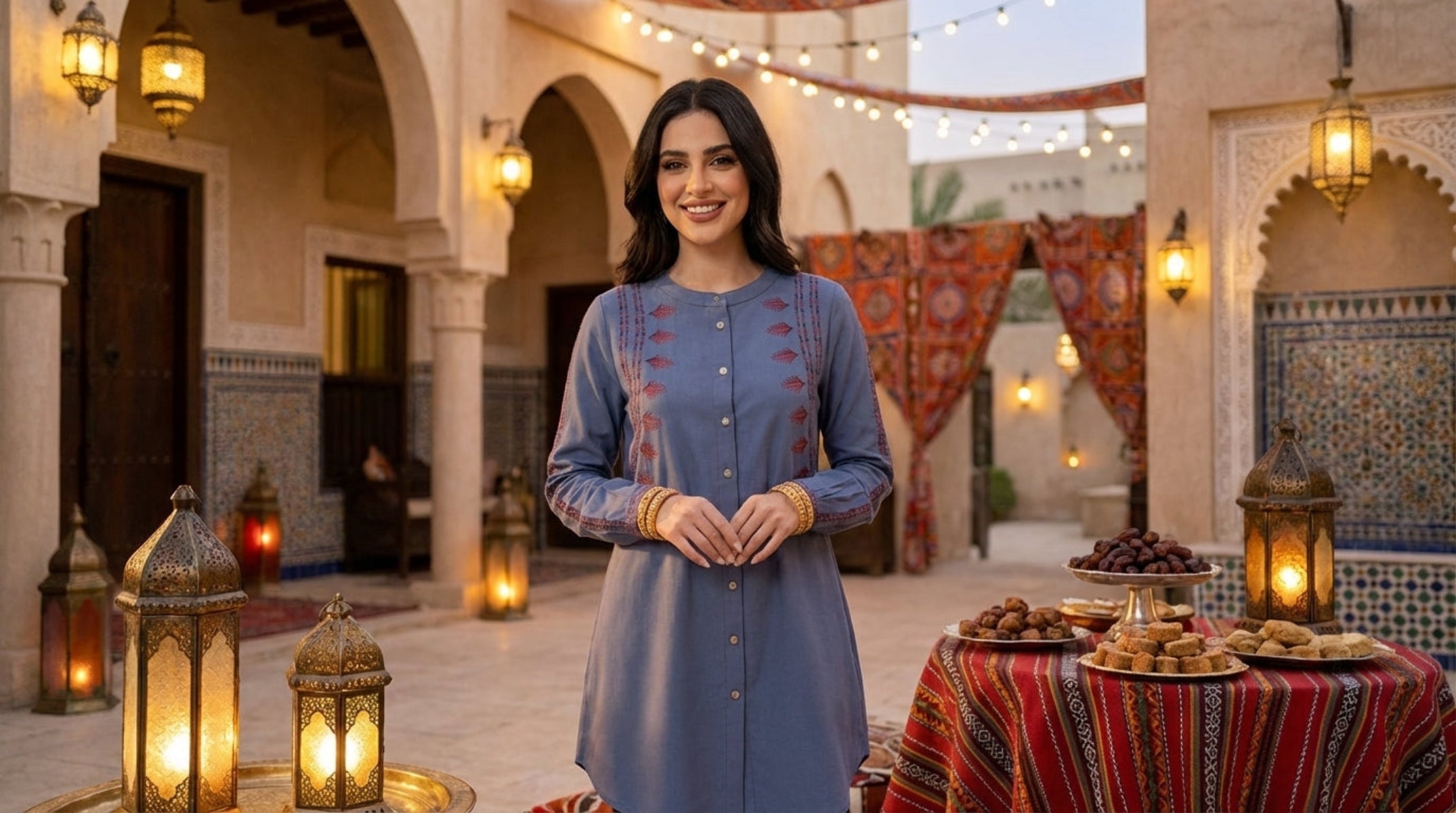 Aya Tatreez inspired Embroidered Modest Button down Shirt - Blue Aya Tatreez inspired Embroidered Modest Button down Shirt - Blue