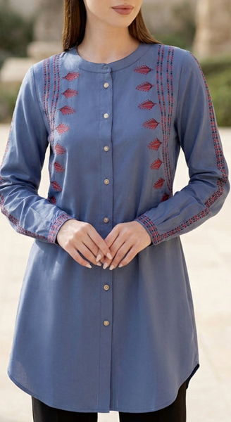 Aya Tatreez inspired Embroidered Modest Button down Shirt - Blue