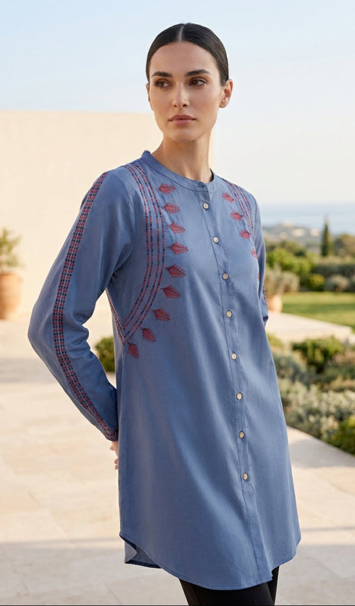 Aya Tatreez inspired Embroidered Modest Button down Shirt - Blue
