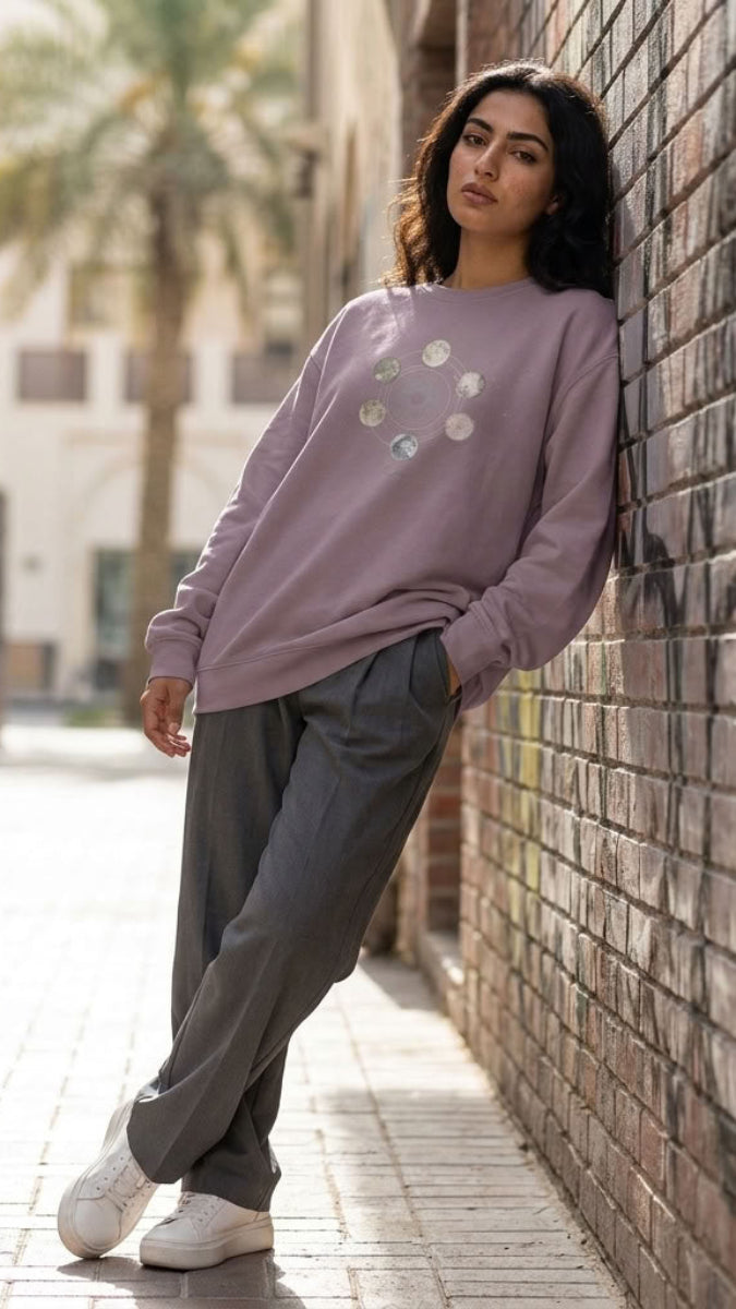 80% Cotton Arabic Calligraphy Pullover Sweatshirt - Celestial Moon Phases - "آيات" (Signs)