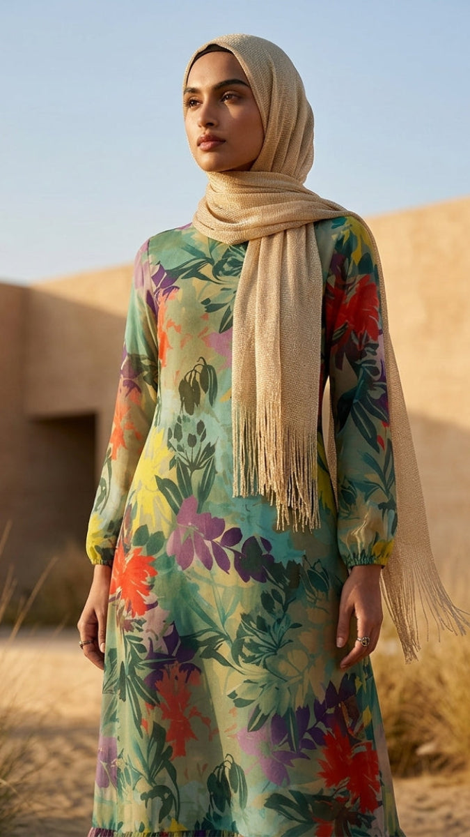 A woman wearing a long-sleeved, multicolor floral print dress and a beige fringed hijab stands outdoors in a desert setting with sandstone buildings and dry grass.