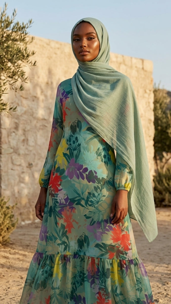 A woman wearing a mint green hijab and a long-sleeved tiered maxi dress with a colorful floral print, standing outdoors in a desert setting with stone walls and trees.