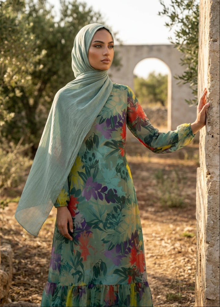 A woman wearing a floral print maxi dress with a matching sheer hijab stands outdoors between stone pillars, with trees and an archway in the background.