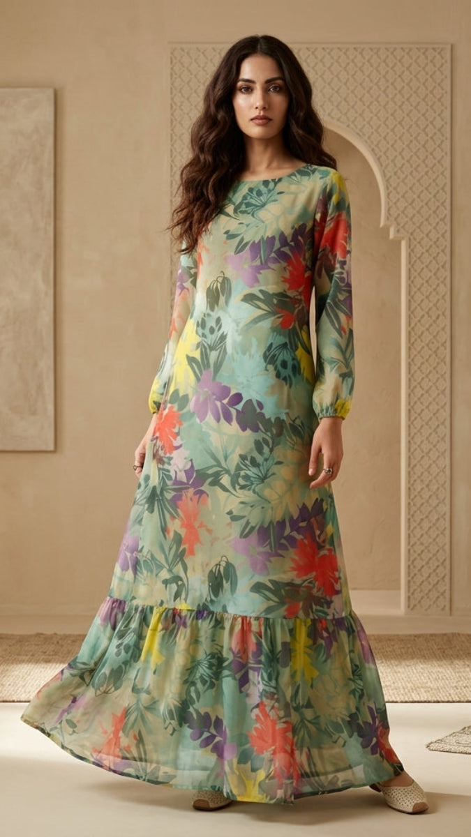 Robe longue longue modeste en mousseline de soie smockée Nadia - Noir