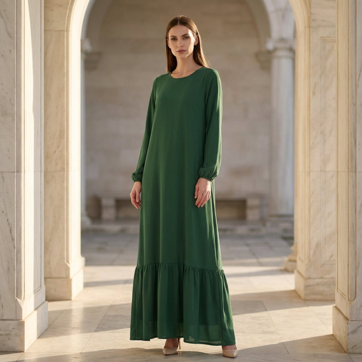 Batool Emerald Green Chiffon Modest Long Maxi Dress | Modest Muslim Dresses 