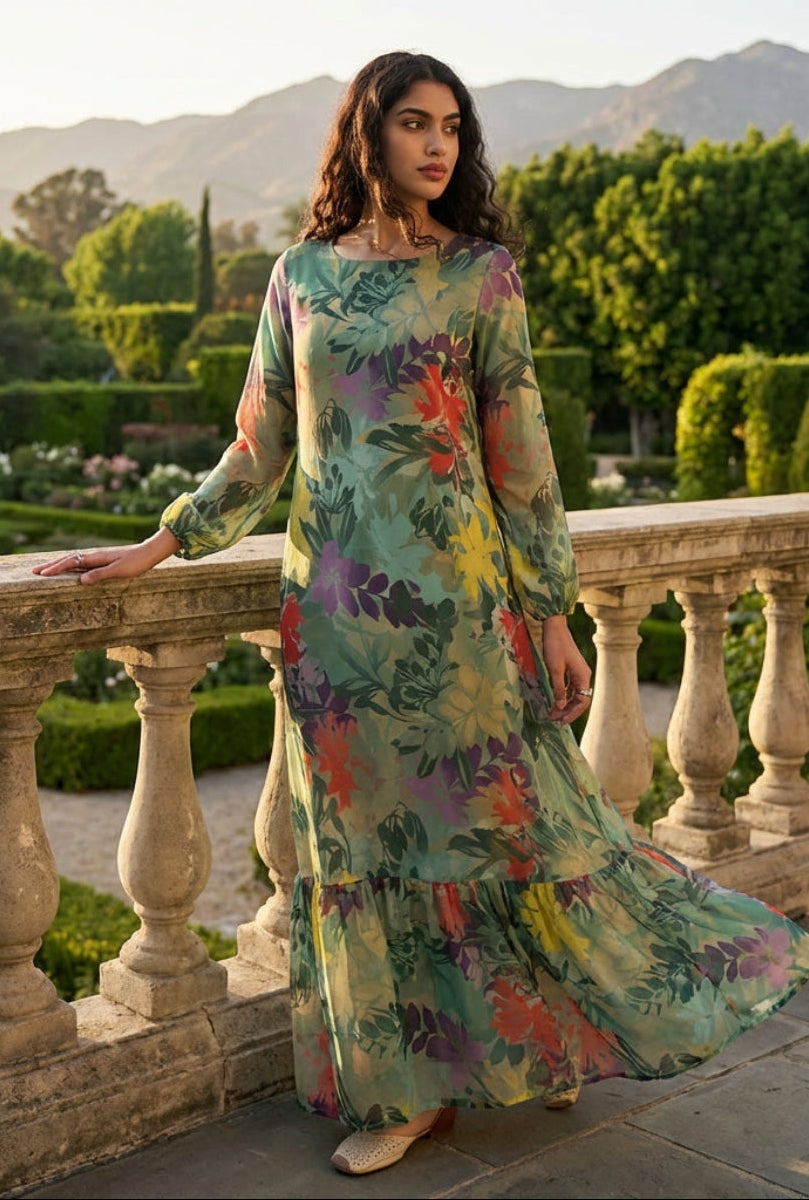 Woman in a colorful floral dress standing on a stone balcony with a scenic background