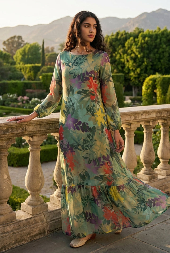 Woman in a colorful floral dress standing on a stone balcony with a scenic background