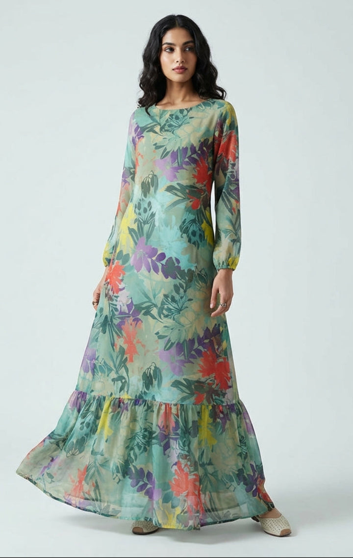 Batool Jade Floral Print Chiffon Modest Long Maxi Dress | Modest Muslim Dresses