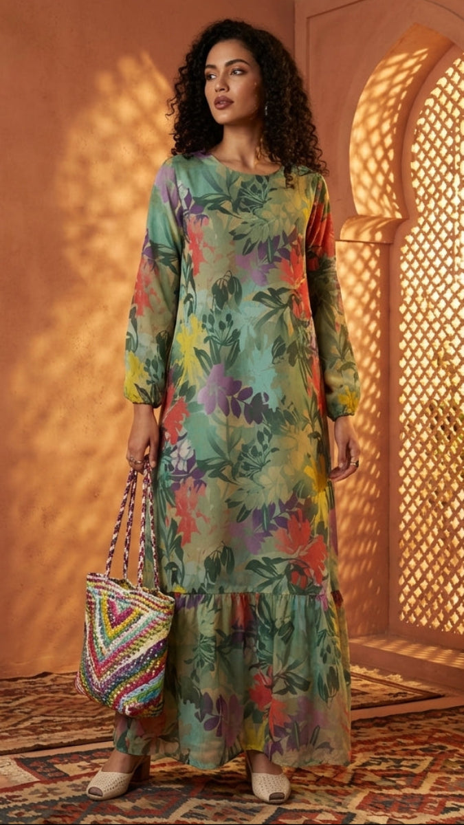 Woman in a colorful floral dress standing in a sunlit room with a textured wall and patterned rug.