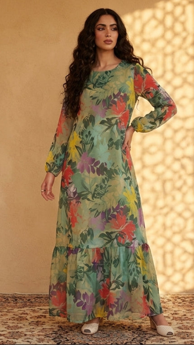 Woman wearing a floral dress standing in a sunlit room with a textured wall.