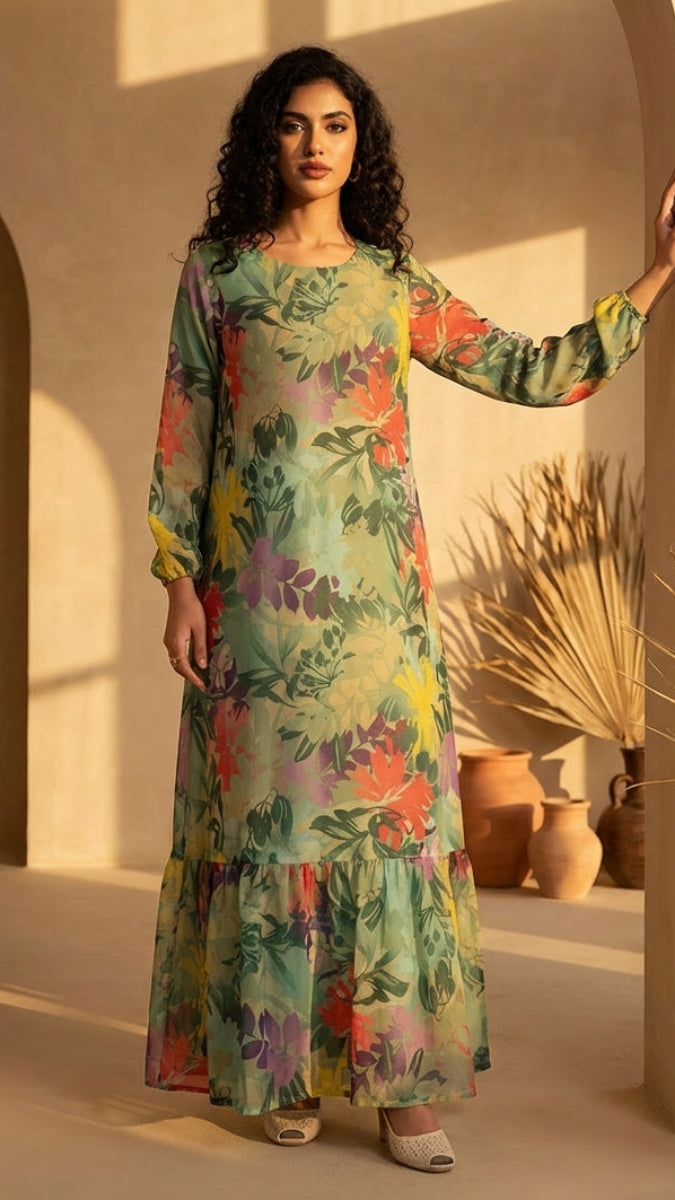 Woman in a floral dress standing in a sunlit archway with decorative pots.