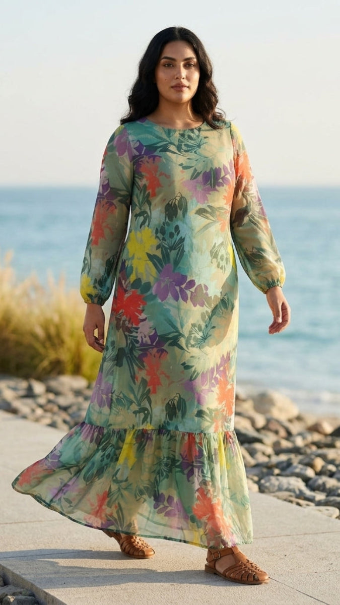 Batool Modest Chiffon Long Maxi Dress - Jade Bloom