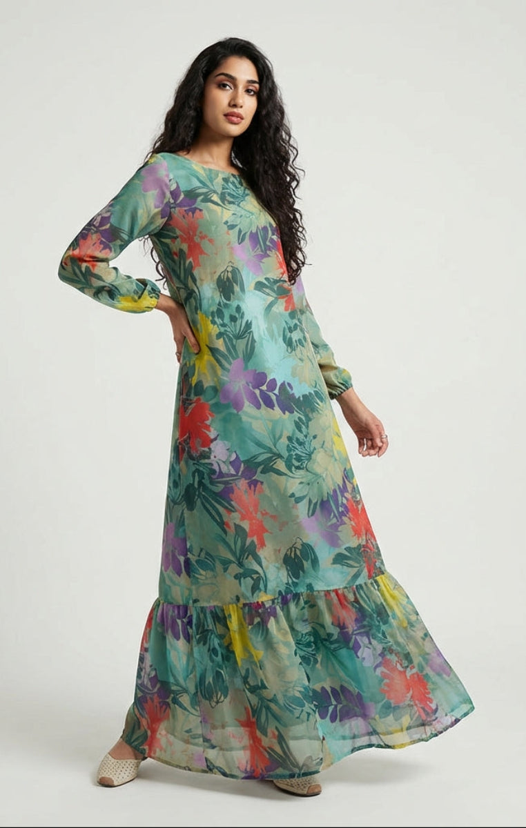 Woman wearing a colorful floral dress on a white background
