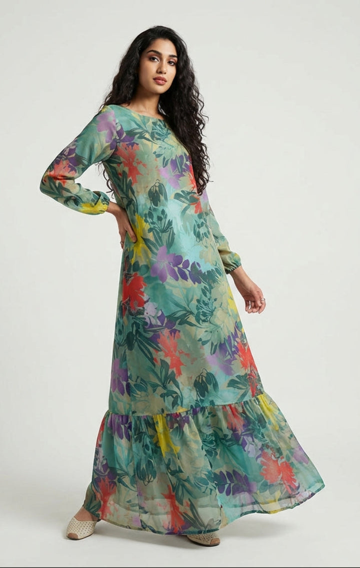 Woman wearing a colorful floral dress on a white background