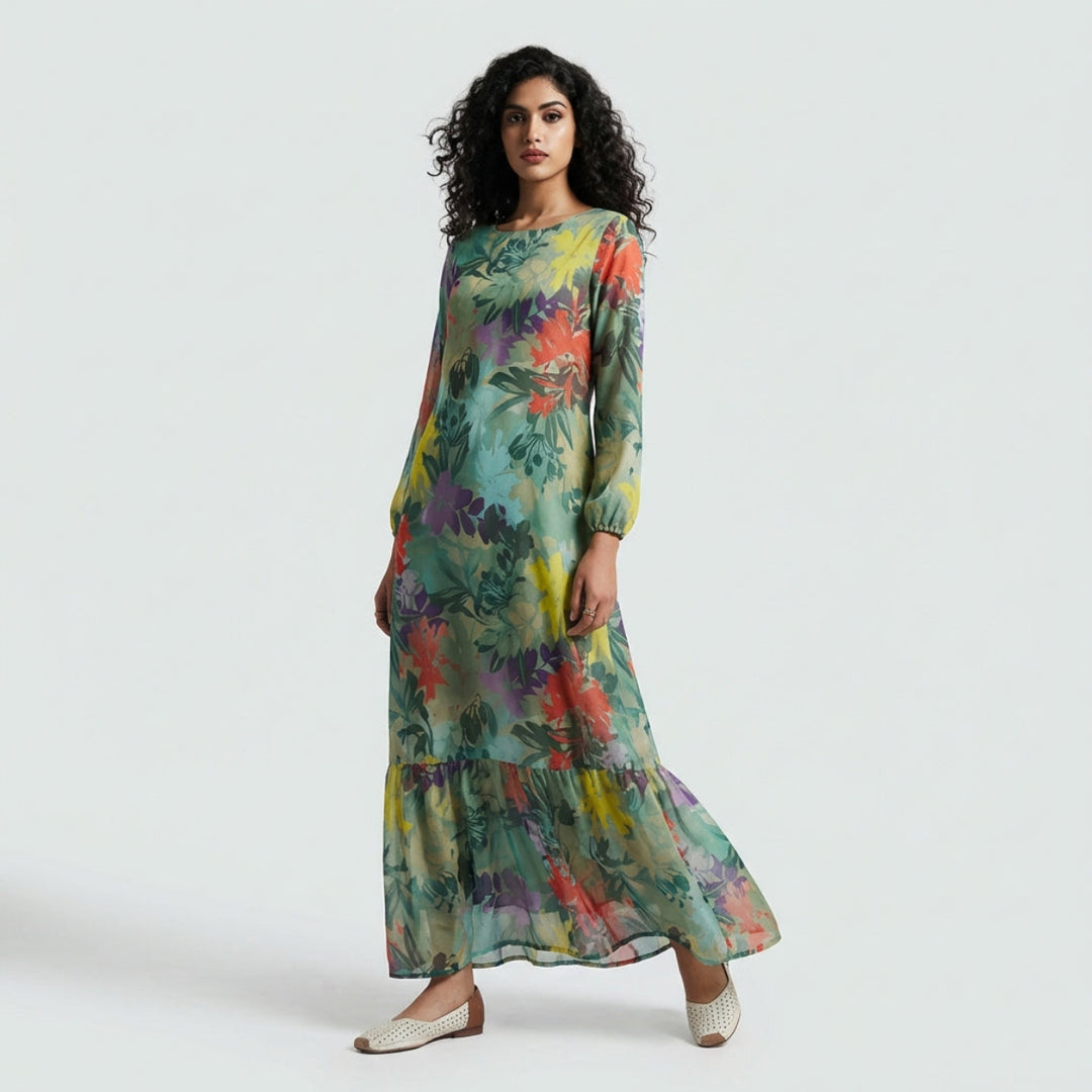 Woman wearing a colorful floral dress on a white background