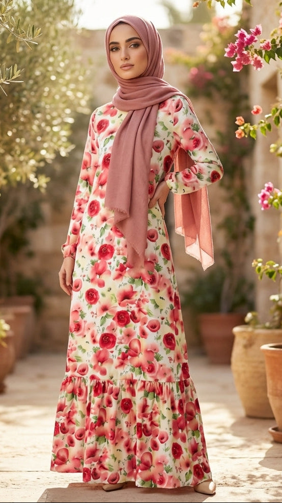 Woman in a floral dress and pink hijab standing in a garden with potted plants and flowers.