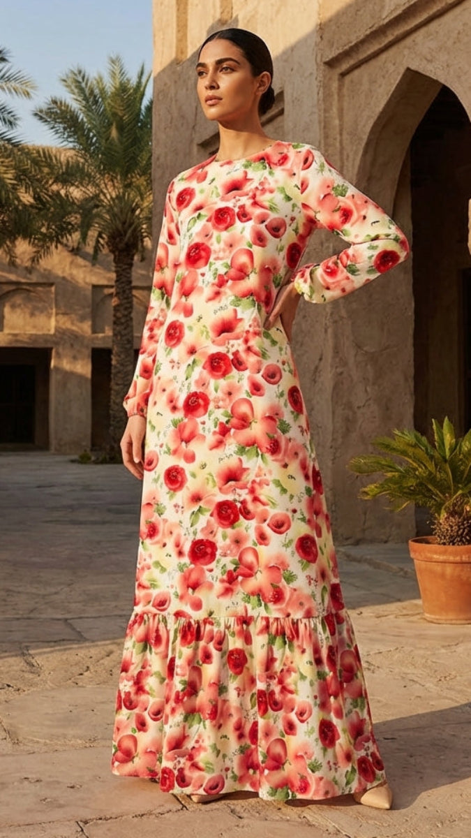 Woman in a floral dress standing in an outdoor setting with palm trees and stone architecture.
