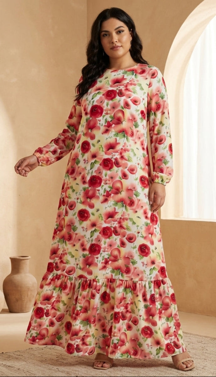 Woman wearing a floral dress in a sunlit room with beige walls and a window.