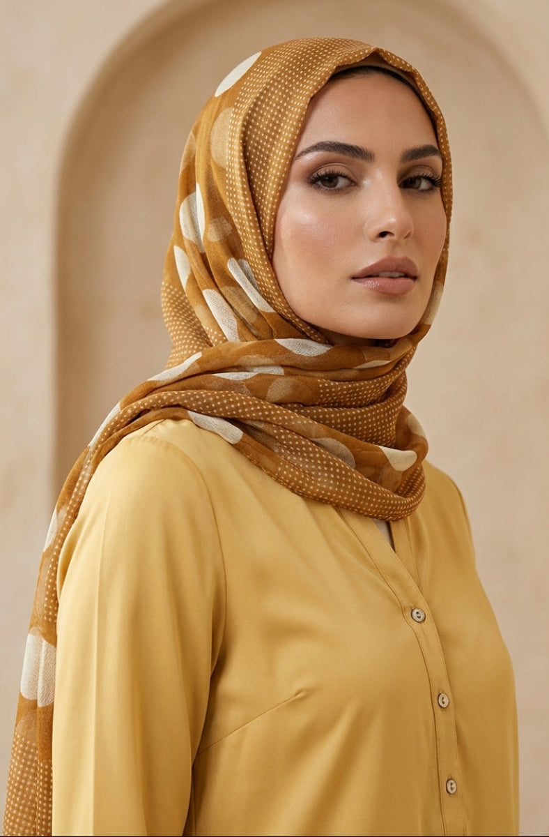 Woman wearing a mustard hijab with white patterns against a beige background