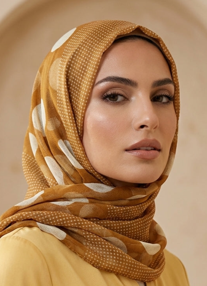 Woman wearing a mustard hijab with white patterns against a beige background