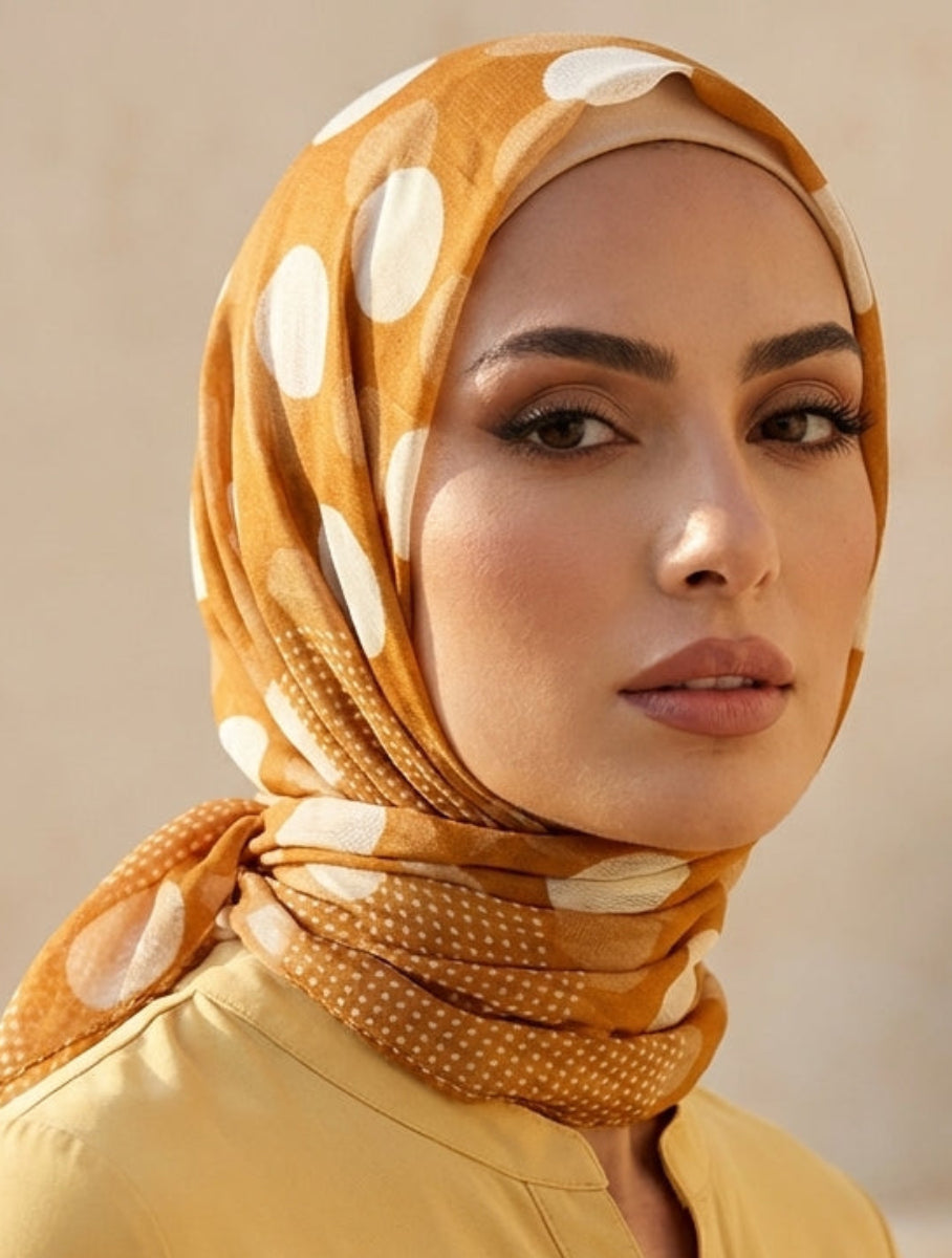 Woman wearing a mustard yellow hijab with white polka dots and matching outfit against a beige background.
