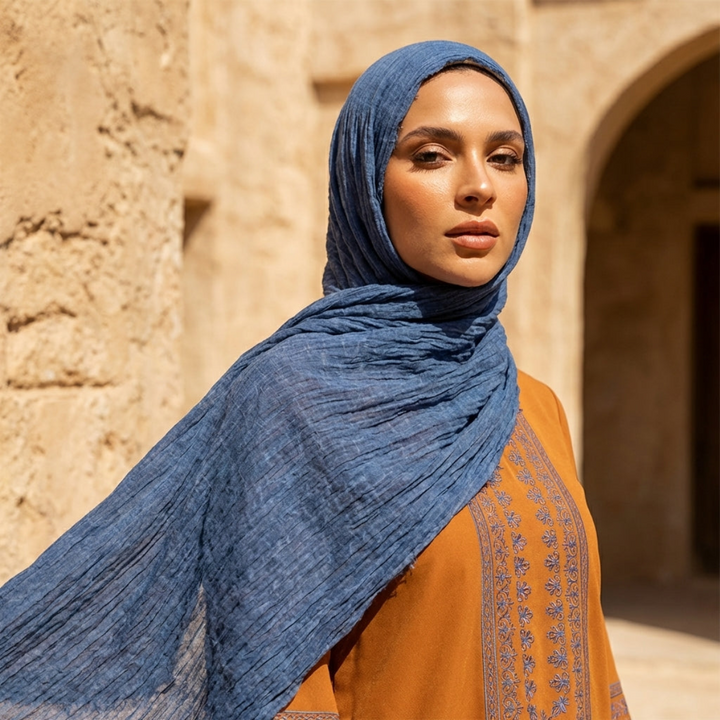 Woman wearing a blue hijab and orange traditional outfit in front of a beige stone wall.