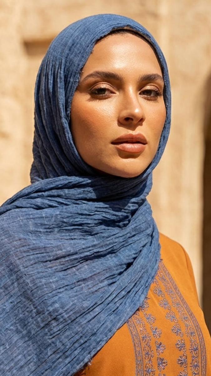 Woman wearing a blue hijab and orange traditional outfit in front of a beige stone wall.
